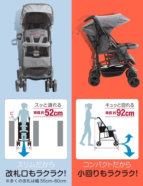 レンタル 新品2人乗りベビーカー タテ型 デュオシティHOP2 グレーデニム