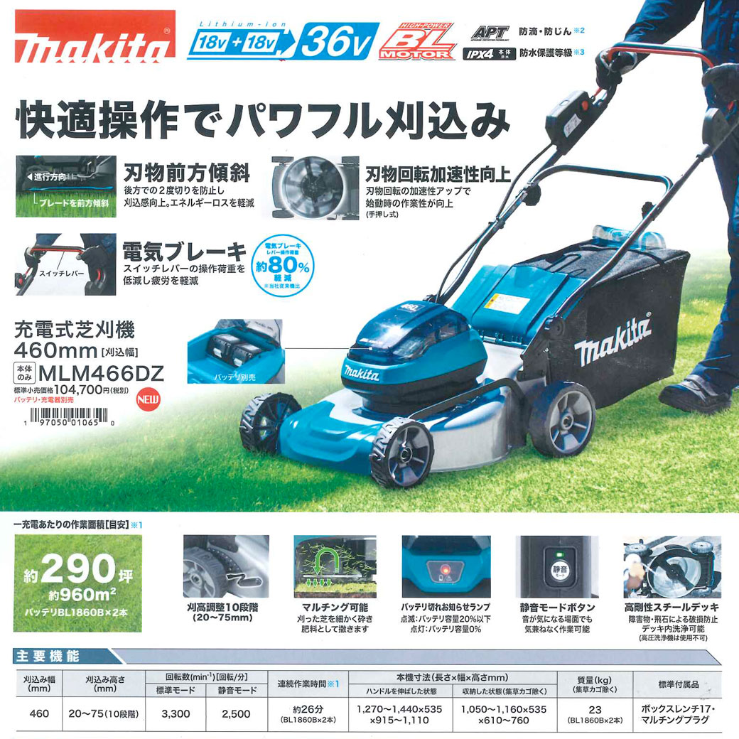 タナカ金物プロ-マキタ MLM466DZ 460mm 充電式芝刈機 18V+18V対応