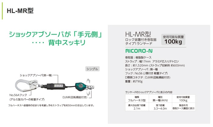ショックアブソーバー付きランヤードRICORO-N 安全帯 返る