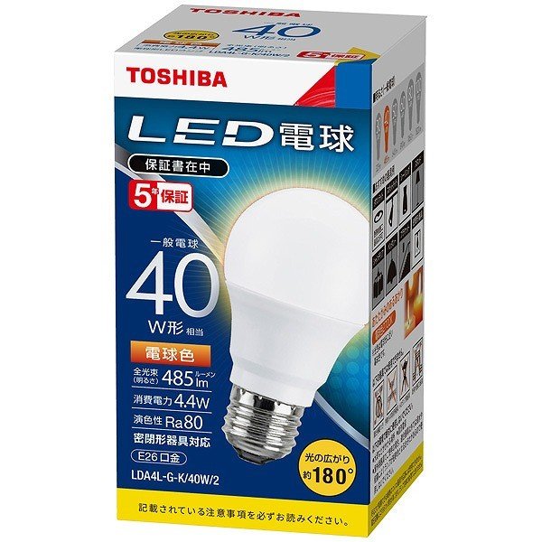 (60個セット)東芝ライテック　LED電球　一般電球形　電球色　40W形　広配光　LDA4L-G-K/40W-2 (LDA4LGK40W2)　LDA5L-G-K/40Wの後継機種 新品