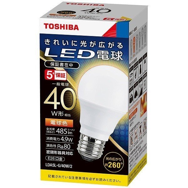 (60個セット)LED電球・電球形　E26口金　一般電球形　全方向タイプ　白熱電球40W形相当　電球色　東芝ライテック　LDA5L-G/40W-2　(LDA5LG40W2) 新品