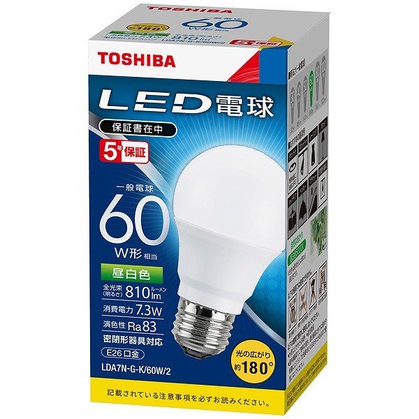 (60個セット)LED電球 TOSHIBA(東芝ライテック)　E26口金　一般電球形　広配光タイプ　昼白色 一般電球60W形相当　LDA7N-G-K/60W-2 (LDA7NGK60W2) 新品
