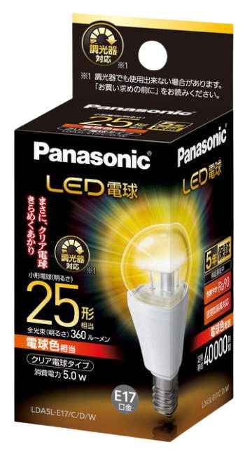 LED電球 クリア電球タイプ 5.0W (電球色相当/調光器対応) LDA5LE17CDW パナソニック