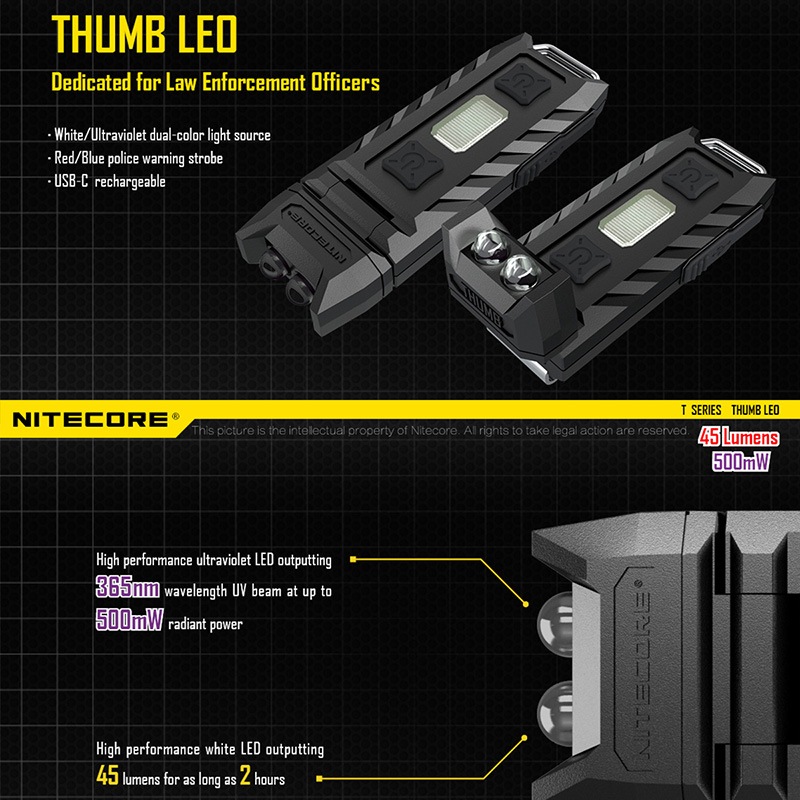 NITECORE(�ʥ��ȥ���) Thumb LEO 120���ư�� �ǥ奢�륫�顼(White/UV) ����饤�� ����45�롼���/24m�ȼ� Type-C ����