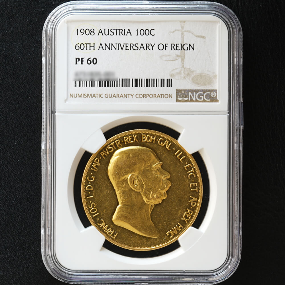 名品】オーストリア 1908年 雲上の女神 100コロナ金貨 PCGS AU55