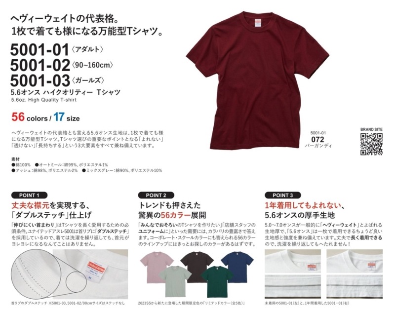 5.6オンス　ハイクオリティー　Tシャツ　5001-01/5001-02/5001-03