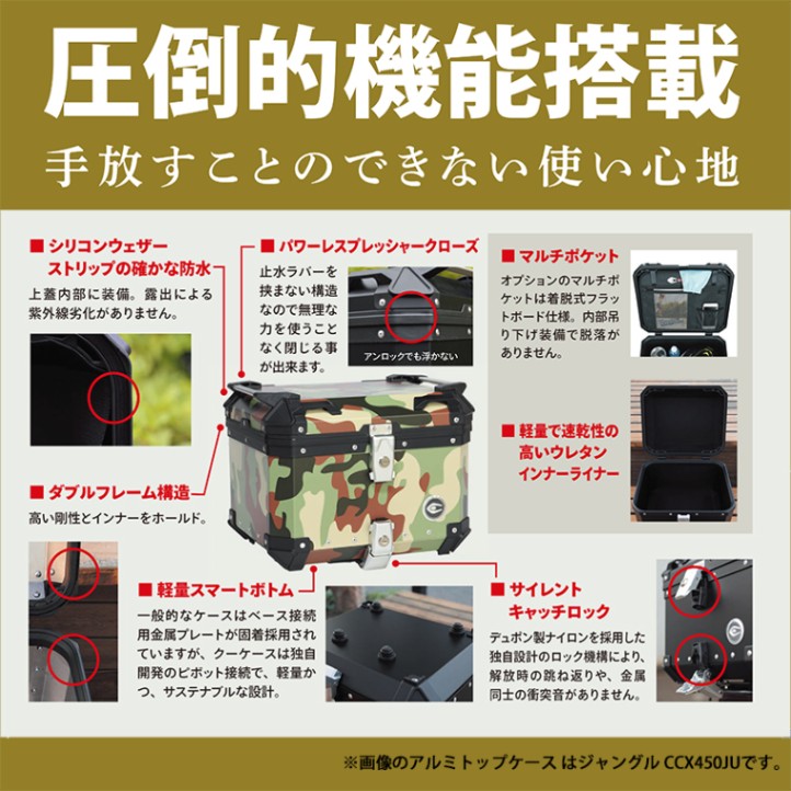 COOCASE クーケース バイク用 アルミトップケース 45L カモフラージュブラックグレー CCX450CBG マルチポケット付き【あるふぁここ プラザ店】