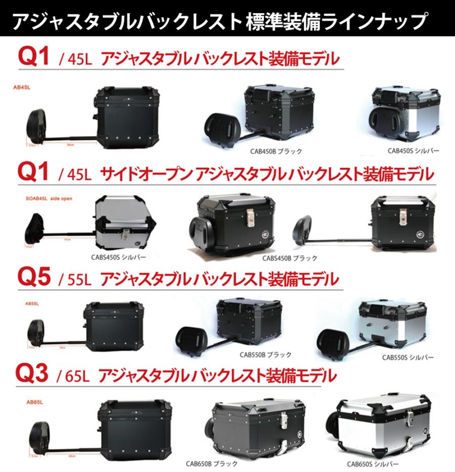 COOCASE クーケース バイク用 リア アルミ トップケース Q1 45L アジャスタブルバックレスト 標準装備 サイドオープンタイプ ブラック CABS450B【あるふぁここ プラザ店】