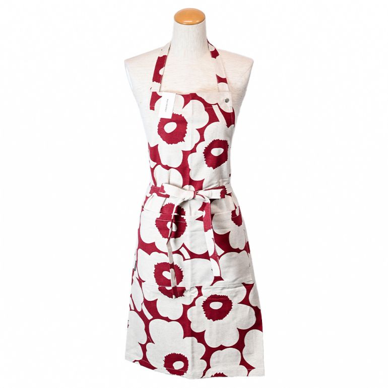 マリメッコ marimekko エプロン Pieni Unikko アプリコットボルドー×オフホワイト 070915 835  名入れ  刺しゅう可有料 北欧雑貨 北欧デザイン 【スペシャルラッピング660円(別売り)】