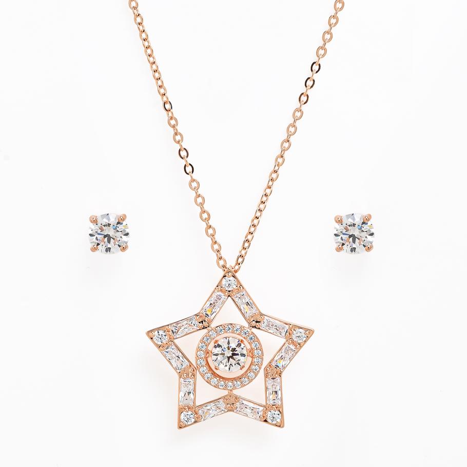 Swarovski ローズゴールド フラワーモチーフ ネックレスとピアス セット Una セット, ミックスカット, クローバー, ピンク, ローズ