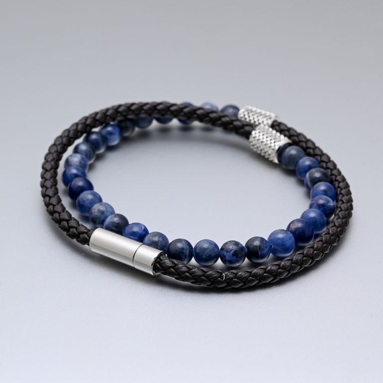 モンアート MONART ブレスレット 天然石 メンズ ダブルワイディング ウーブンレザー/ソーダライトストーン ブラウン/ブルー BR/107 C M Made in Italy 正規代理店