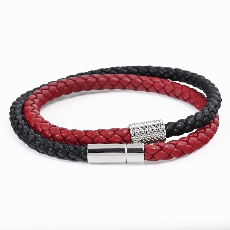 モンアート MONART ブレスレット メンズ ダブルワイディング ウーブンレザー ブラック/レッド BR/121 B C Made in Italy 正規代理店