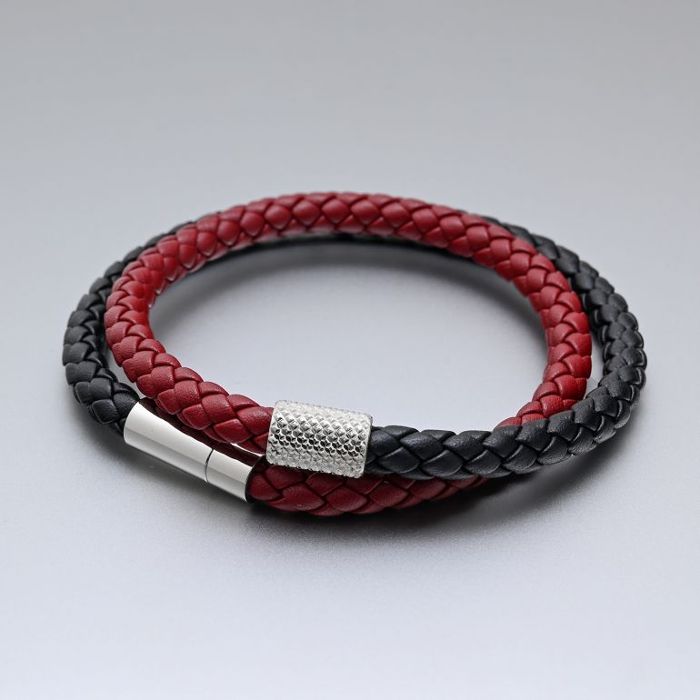 モンアート MONART ブレスレット メンズ ダブルワイディング ウーブンレザー ブラック/レッド BR/121 B C Made in Italy 正規代理店