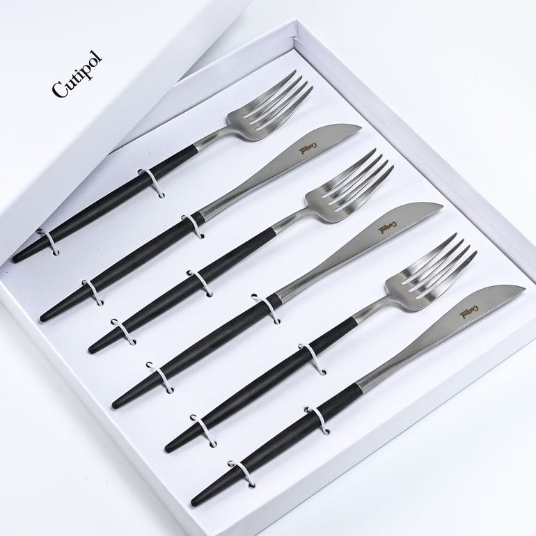 クチポール Cutipol GOA ゴア シルバー×ブラック 6点セット ディナー ナイフ フォーク 洋食器【名入れ対応】【スペシャルラッピング660円(別売り)】