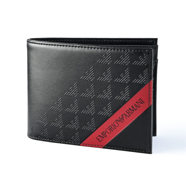 【名入れ可有料】エンポリオ アルマーニ EMPORIO ARMANI 二つ折り財布 イーグルデザイン レッドバンド メンズ ブラック レッド Y4R165 YQ12V 80681 ウォレット レザー 【スペシャルラッピング660円(別売り)】