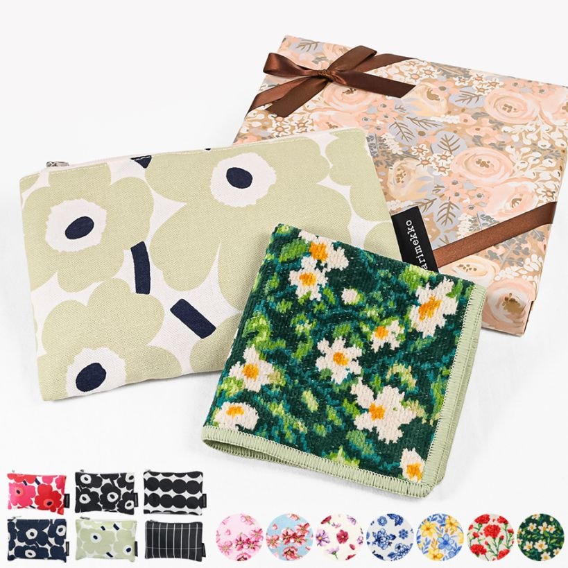 【スペシャルラッピング付き】組み合わせ自由 マリメッコ ポーチ6種類 フェイラー ハンカチ(25cm)7種から選べる ギフトセット 23種から選べるスペシャルラッピング  誕生日 母の日