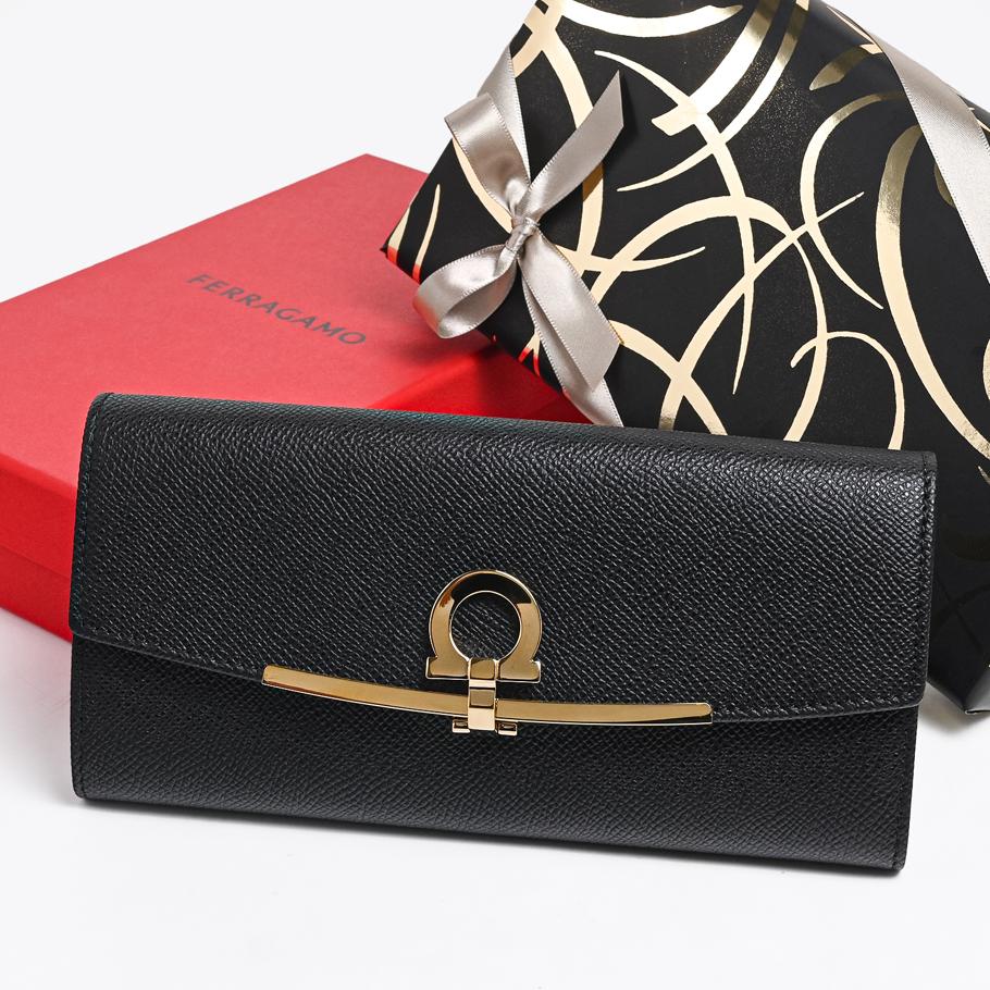 【スペシャルラッピング付き】フェラガモ Salvatore Ferragamo サルヴァトーレフェラガモ 長財布 小銭入れ付き ウォレット ガンチーニ レディース ブラック 22D150 683312 0683312