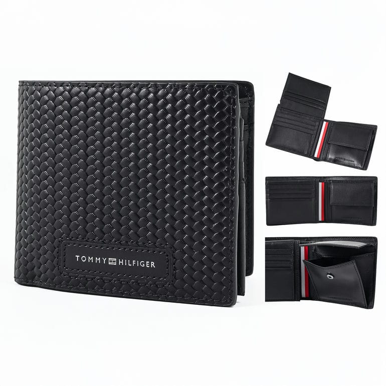 高品質ヨーロッパ輸入モデル トミーヒルフィガー TOMMY HILFIGER 二つ折り財布 小銭入れ付き WOVEN TEXTURE CC FLAP AND COIN ブラック AM0AM13735 BDS BLACK ウォレット 折財布【スペシャルラッピング660円(別売り)】