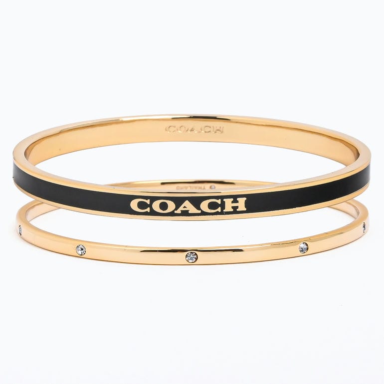 コーチ COACH バングル ブレスレット ブランドロゴ クリスタル セット ペア 2連 レディース ブラック ゴールド 463839GLD001 ジュエリー アクセサリー<br>【スペシャルラッピング660円(別売り)】