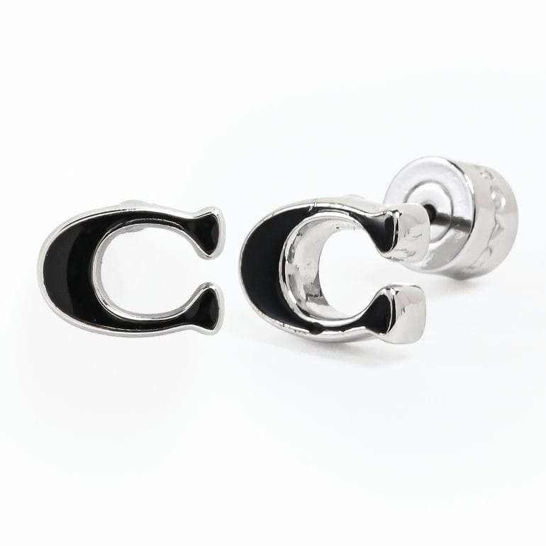コーチ COACH ピアス スタッドピアス シグネチャー Cロゴ エナメル レディース ブラック シルバー 571173RHO003 ジュエリー アクセサリー<br>【スペシャルラッピング660円(別売り)】