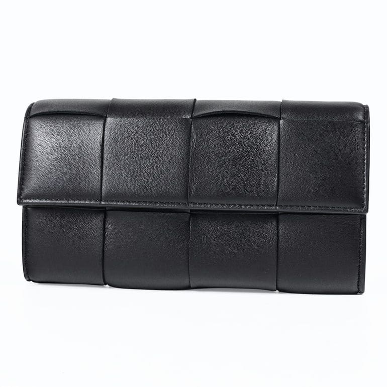 ボッテガヴェネタ BOTTEGA VENETA 長財布 小銭入れ付き フラップタイプ マキシイントレチャート メンズ レディース ブラック 742694 V3UO3 8425 Made in ITALY レザー<br>【スペシャルラッピング660円(別売り)】