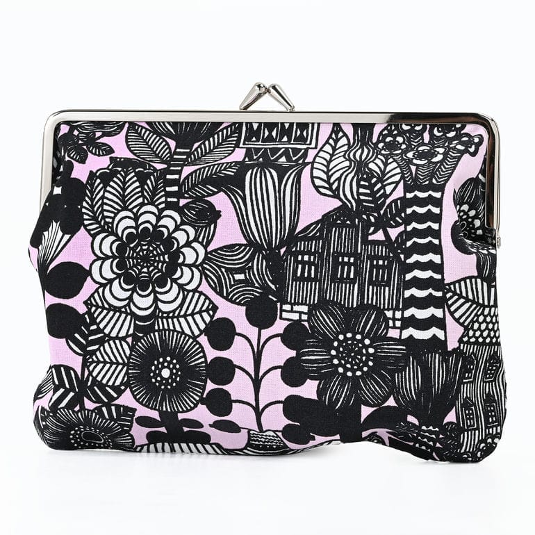 マリメッコ marimekko 小物入れ ポーチ コスメ 化粧ポーチ がま口 ラシィマット シイルトラプータルハ ダブルプリント リバーシブル ピンク ブラック 91774 091774 001 北欧雑貨 北欧デザイン<br> ネコポス限定 送料無料【スペシャルラッピング660円(別売り)】
