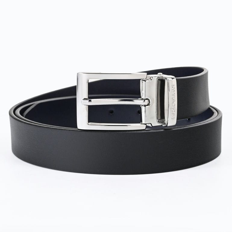 エンポリオ アルマーニ EMPORIO ARMANI ベルト 幅3cm ロゴ刻印バックル メンズ ブラック ストリンガシステム対応 EM007192 AF29183 MC424<br>【スペシャルラッピング660円(別売り)】