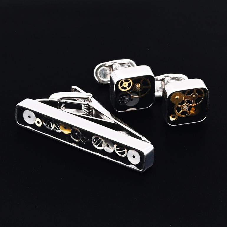 モンアート MONART カフス ネクタイピン セット メンズ ギア(歯車) スクエア型 シルバー ブラック SPK B1 TC SPK A Made in Italy 名入れ可有料 正規代理店