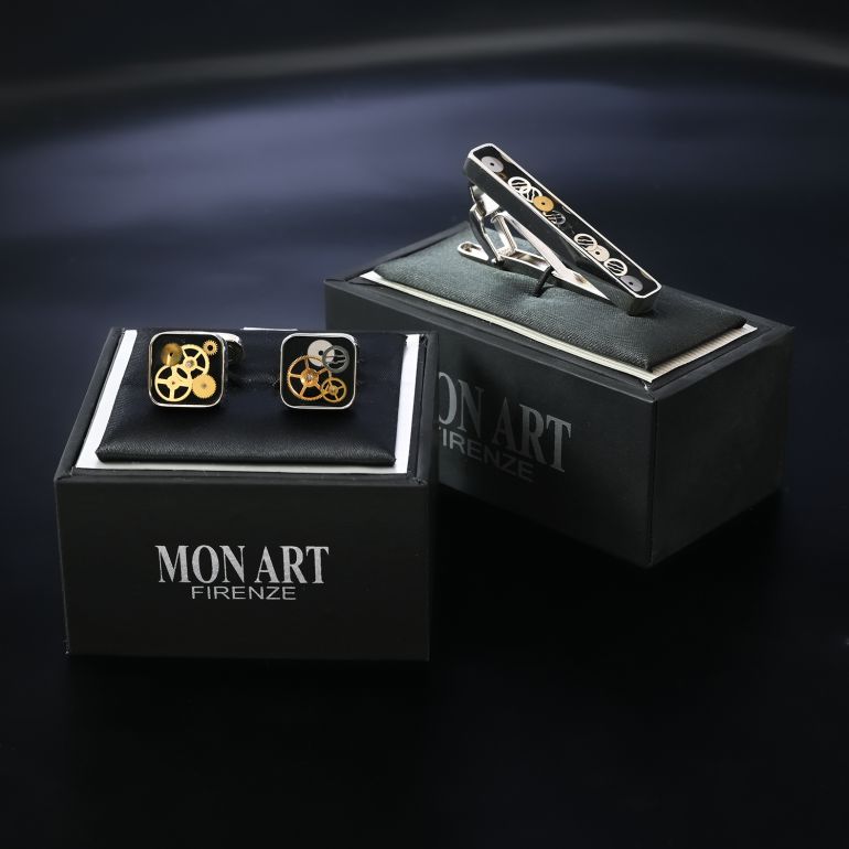 モンアート MONART カフス ネクタイピン セット メンズ ギア(歯車) スクエア型 シルバー ブラック SPK B1 TC SPK A Made in Italy 名入れ可有料 正規代理店
