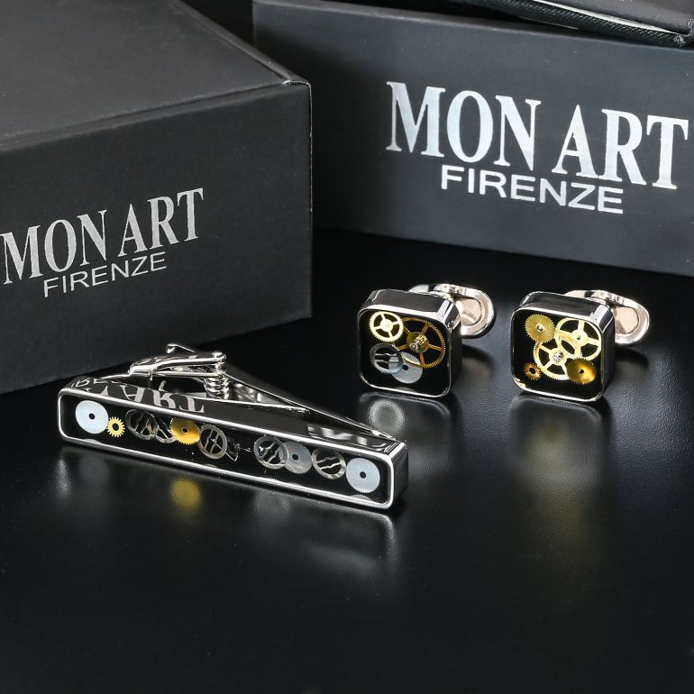 モンアート MONART カフス ネクタイピン セット メンズ ギア(歯車) スクエア型 シルバー ブラック SPK B1 TC SPK A Made in Italy 名入れ可有料 正規代理店