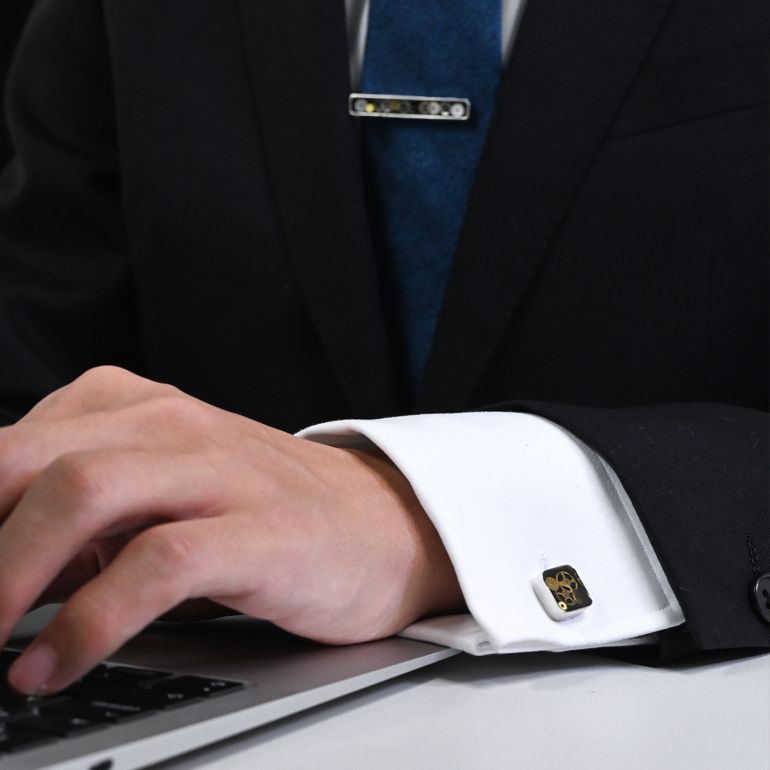 モンアート MONART カフス ネクタイピン セット メンズ ギア(歯車) スクエア型 シルバー ブラック SPK B1 TC SPK A Made in Italy 名入れ可有料 正規代理店