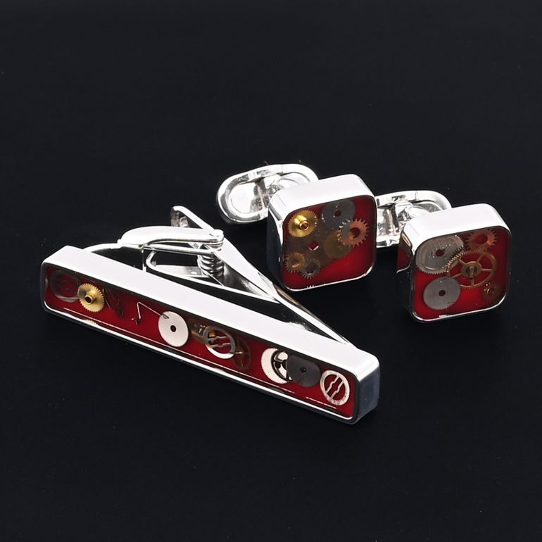 モンアート MONART カフス ネクタイピン セット メンズ ギア(歯車) スクエア型 シルバー レッド SPK B6 TC SPK B Made in Italy 名入れ可有料 正規代理店