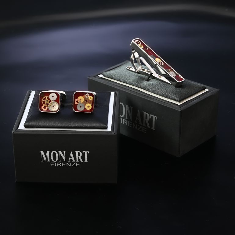 モンアート MONART カフス ネクタイピン セット メンズ ギア(歯車) スクエア型 シルバー レッド SPK B6 TC SPK B Made in Italy 名入れ可有料 正規代理店