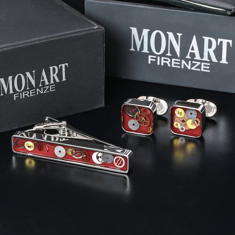 モンアート MONART カフス ネクタイピン セット メンズ ギア(歯車) スクエア型 シルバー レッド SPK B6 TC SPK B Made in Italy 名入れ可有料 正規代理店