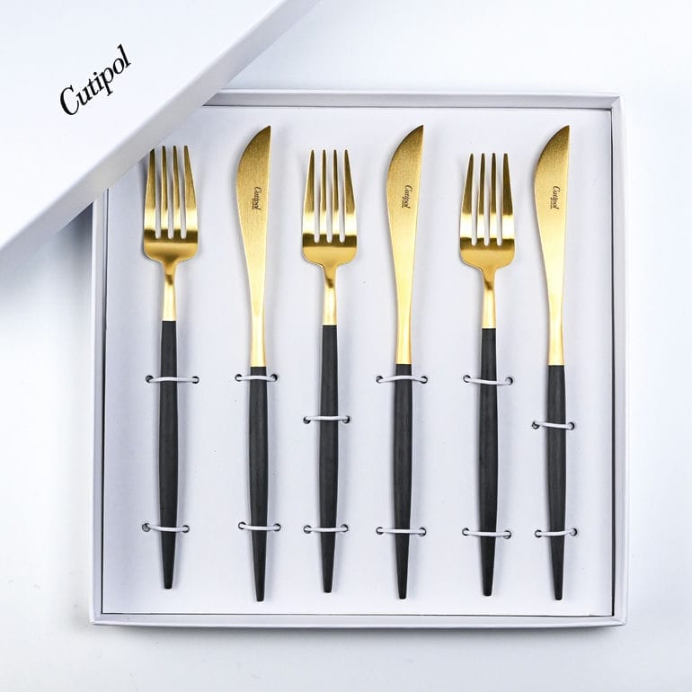 クチポール Cutipol GOA ゴア ゴールド×ブラック 6点セット ディナー ナイフ フォーク 洋食器【名入れ対応】【スペシャルラッピング660円(別売り)】