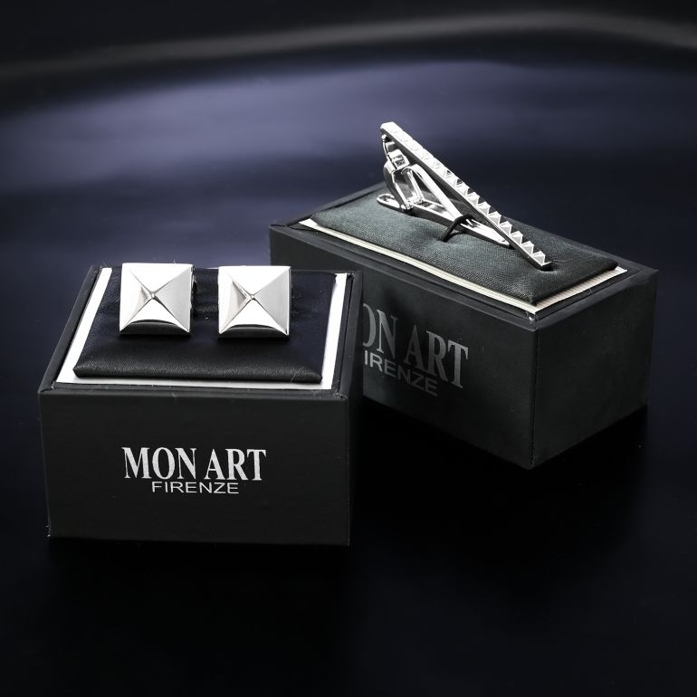 モンアート MONART カフス ネクタイピン セット メンズ ピラミッドスタッズ型 シルバー RGEV2 F3 TC 14 A Made in Italy 名入れ可有料 正規代理店