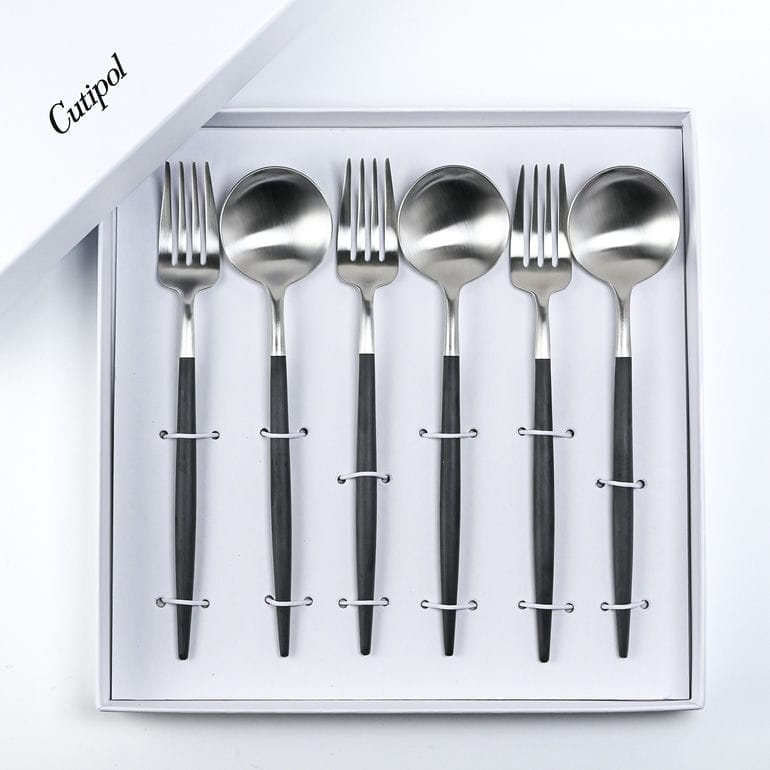 クチポール Cutipol GOA ゴア シルバー×ブラック 6点セット ディナー フォーク スプーン 洋食器【名入れ対応】【スペシャルラッピング660円(別売り)】