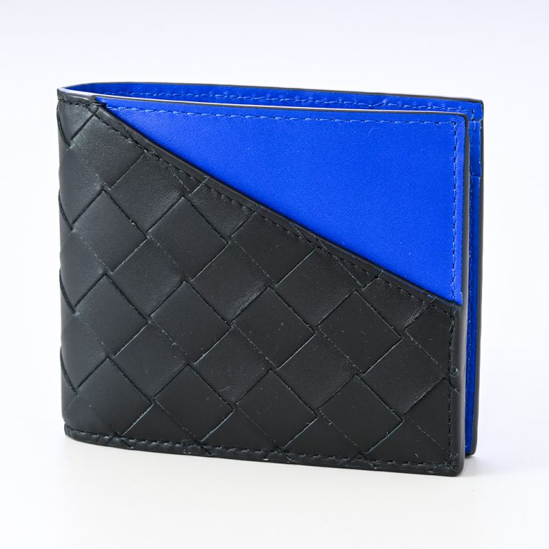ボッテガヴェネタ BOTTEGA VENETA 財布 二つ折り財布 イントレチャート ブラック×ブルー 619390 VCPQ7 1015 名入れ可有料 箔押し【スペシャルラッピング660円(別売り)】