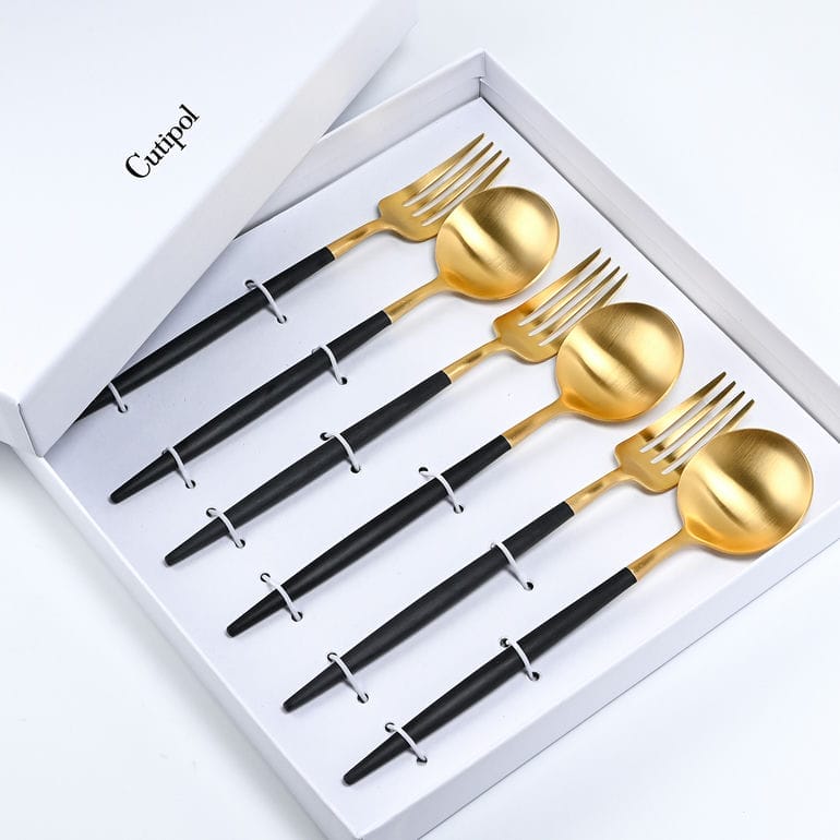 クチポール Cutipol GOA ゴア ゴールド×ブラック 6点セット ディナー フォーク スプーン 洋食器【名入れ対応】【スペシャルラッピング660円(別売り)】