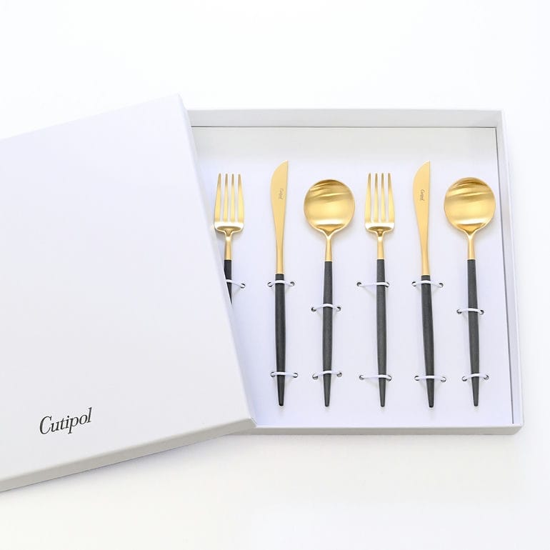 クチポール Cutipol GOA ゴア ブラック/ゴールド 6点セット デザート ナイフ フォーク スプーン 洋食器【名入れ対応】【スペシャルラッピング660円(別売り)】