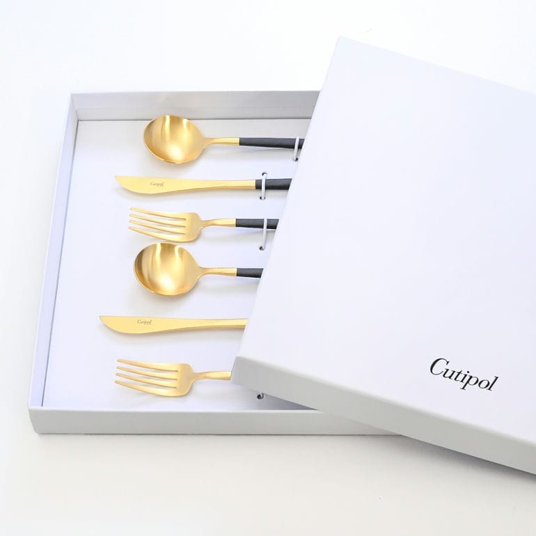 クチポール Cutipol GOA ゴア ブラック/ゴールド 6点セット デザート ナイフ フォーク スプーン 洋食器【名入れ対応】【スペシャルラッピング660円(別売り)】