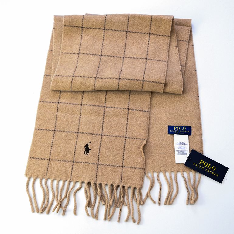 ポロ ラルフローレン POLO RALPH LAUREN マフラー リバーシブル ウインドウペイン柄 男女兼用 PC0743-220 キャメル 刺繍名入れ可有料