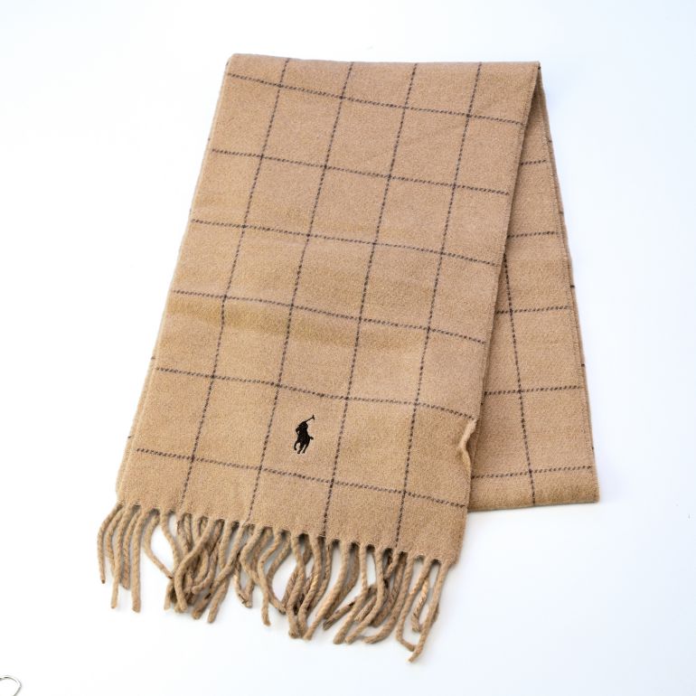 ポロ ラルフローレン POLO RALPH LAUREN マフラー リバーシブル ウインドウペイン柄 男女兼用 PC0743-220 キャメル 刺繍名入れ可有料
