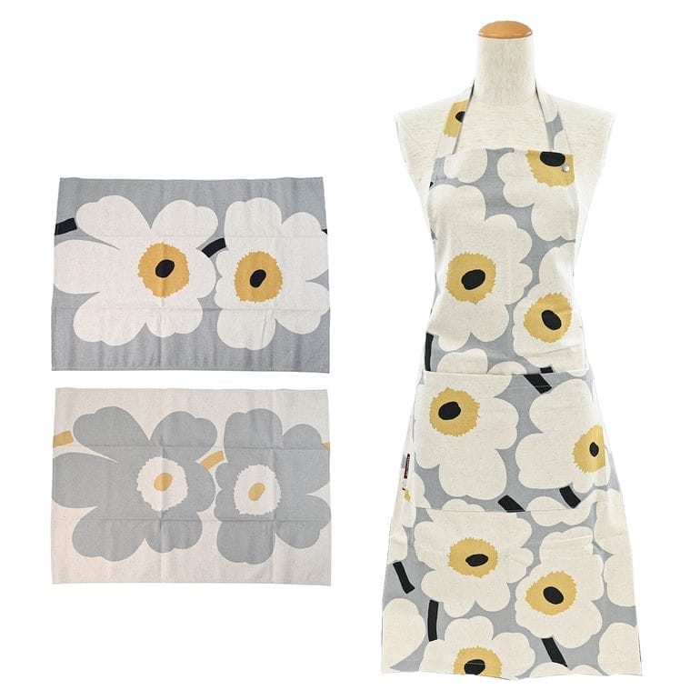 マリメッコ marimekko エプロン&ティータオル キッチンセット キッチンタオル 60周年記念 3点セット 純正箱付き ウニッコ グレー 73431 073431 922 北欧雑貨 北欧デザイン 【スペシャルラッピング660円(別売り)】