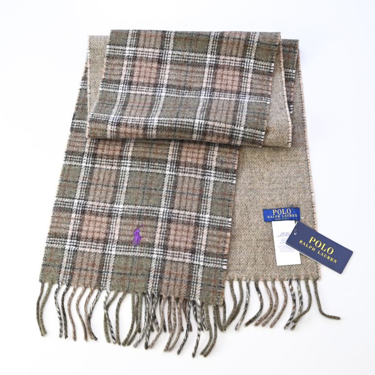 ポロ ラルフローレン POLO RALPH LAUREN マフラー リバーシブル チェック柄 男女兼用 PC0945-306 オリーブプレイド 刺繍名入れ可有料