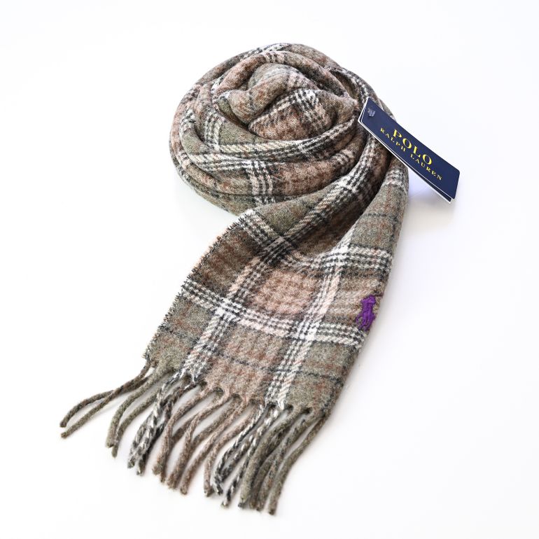 ポロ ラルフローレン POLO RALPH LAUREN マフラー リバーシブル チェック柄 男女兼用 PC0945-306 オリーブプレイド 刺繍名入れ可有料