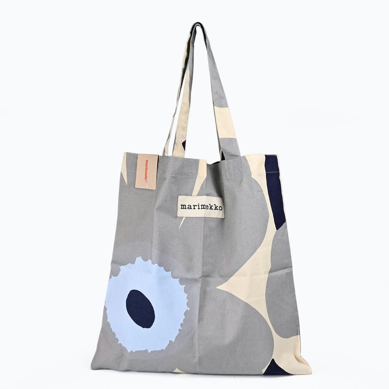 【名入れ可有料】マリメッコ marimekko トートバッグ Unikko ウニッコ グレー ブルー ファブリック レディース 北欧雑貨 北欧デザイン ネコポス限定<br>【スペシャルラッピング660円(別売り)】
