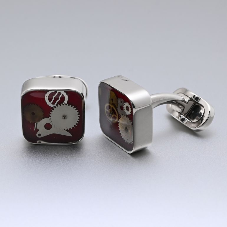 モンアート MONART カフス メンズ カフリンクス カフスボタン ギア(歯車) スクエア型 シルバー レッド CONCORD SPK B6 Made in Italy 名入れ可有料 正規代理店