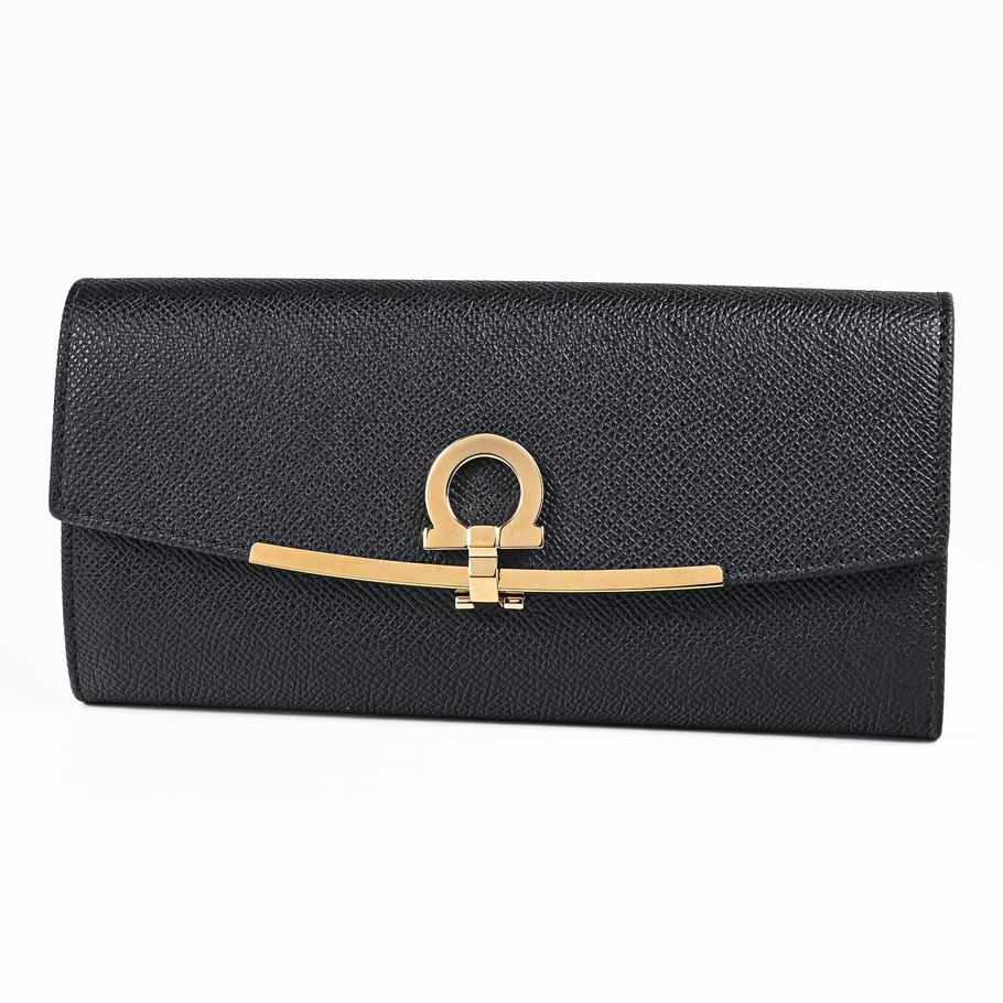 【名入れ可有料】【スペシャルラッピング付き】フェラガモ Salvatore Ferragamo サルヴァトーレフェラガモ 長財布 小銭入れ付き ウォレット ガンチーニ レディース ブラック 22D150 683312 0683312