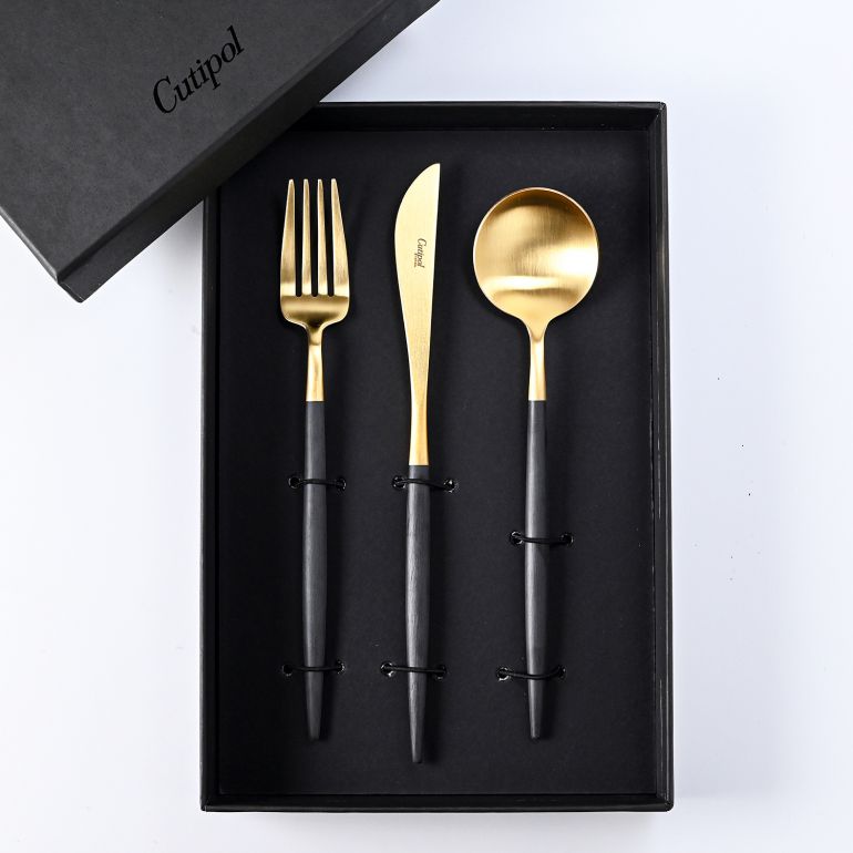 クチポール Cutipol GOA ゴア ブラック/ゴールド 3点セット ディナー ナイフ フォーク スプーン 洋食器【名入れ対応】【スペシャルラッピング660円(別売り)】